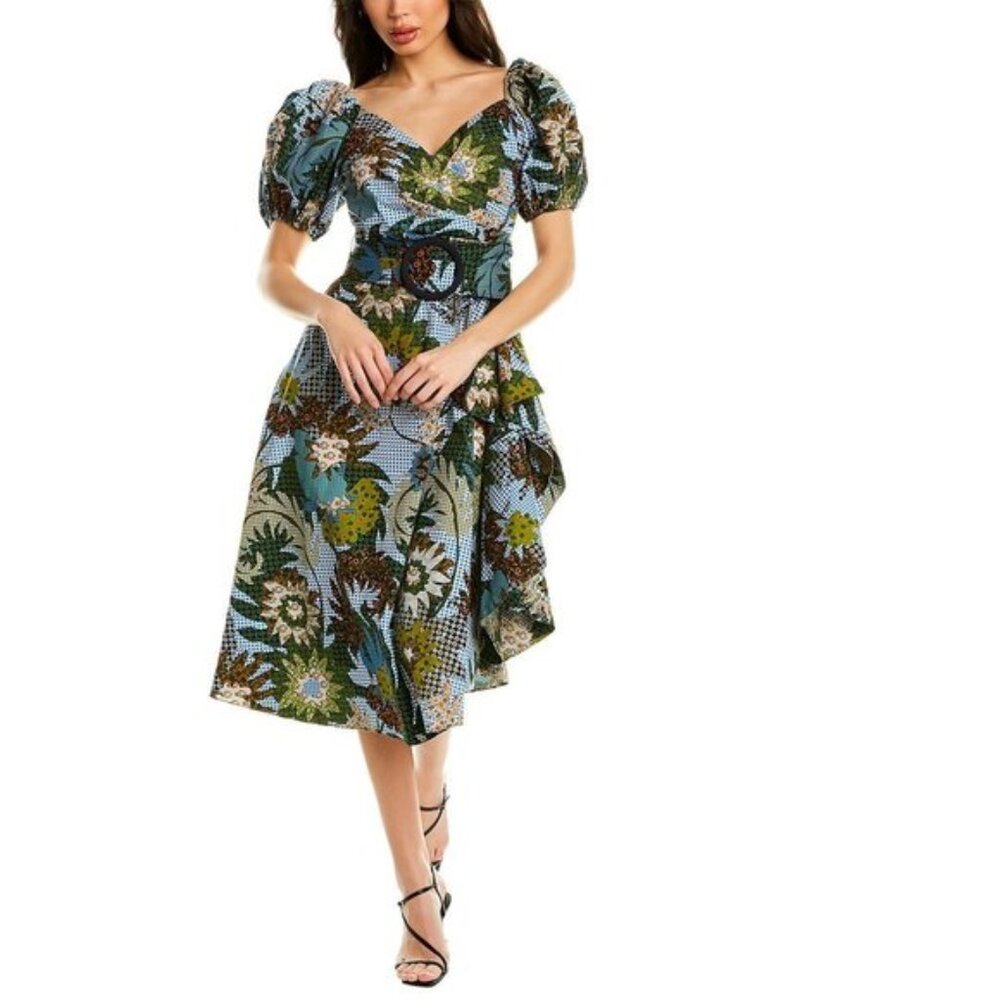 🌺 Sachin + Babi Tropical Puff Sleeve Ruffle Dress Wrap Bodice Asymmetrical  Med